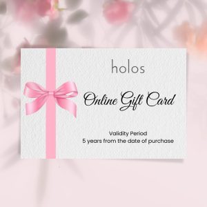Holos Online Gift Card. Valid 5 years. Flowery background, gift card with a pink ribbon